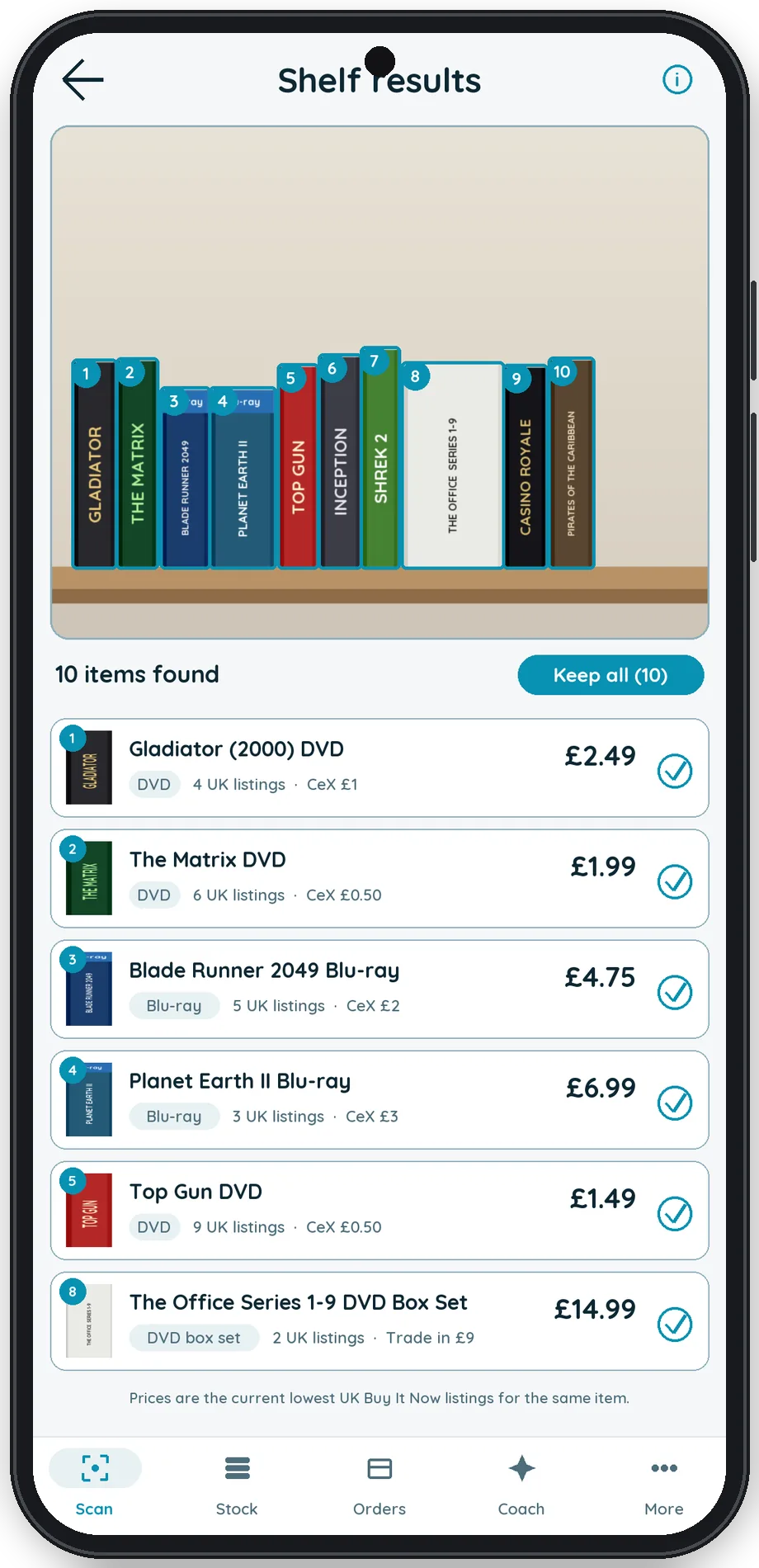 Shelf results: a shelf of DVDs scanned, each one priced